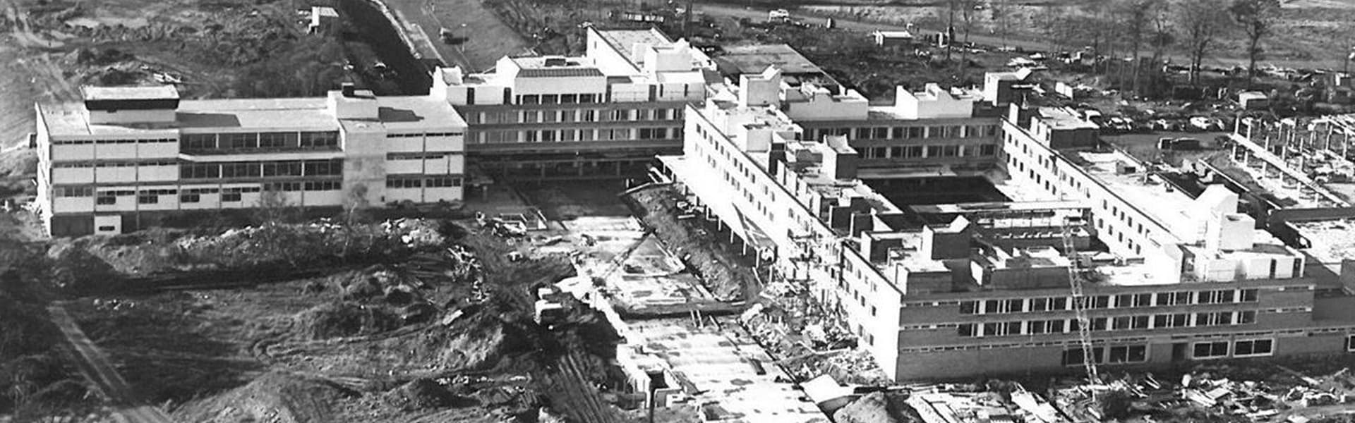 An aerial photo showing the University under construction in the 1960s.