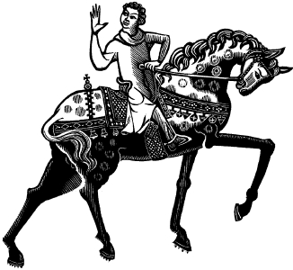 A medieval horseman looking over his shoulder